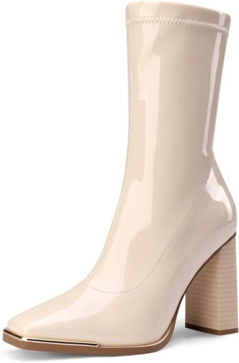 Women's Square Toe  Boots Elastic Ankle Boots High Chunky Block Heel Mid Calf Boots