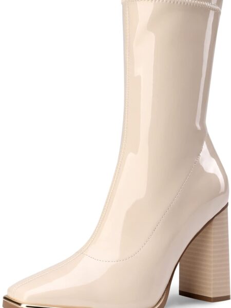 Women's Square Toe  Boots Elastic Ankle Boots High Chunky Block Heel Mid Calf Boots