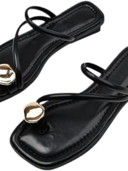 Women'S Leather Strappy Flat Metal Toe Ring Sandals Fashionable Square Open Toe Low Block Heel Slip-On Clip Toe Slide Sandals Casual Summer Beach Slipper