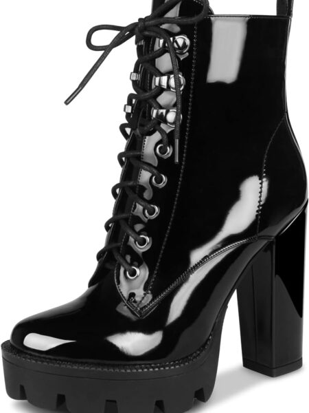 Platform Boots for Women, Heeled Combat Boots Chunky Heel Booties Round Toe Lace Up High Heel Ankle Boots