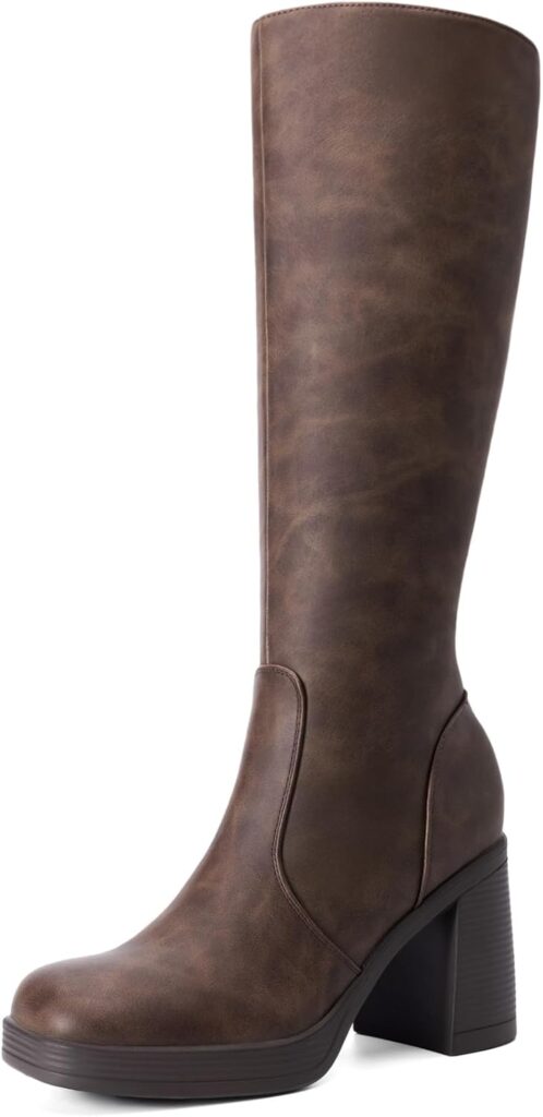 Knee High Boots for Women Platform Square Toe Chunky Block Heeled Stylish Comfortable Tall Boots with Side Zipper