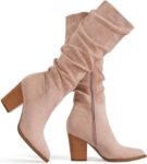 Women's Pointed Toe Knee High Boots Faux Suede Slouch Boots with Chunky Heel
