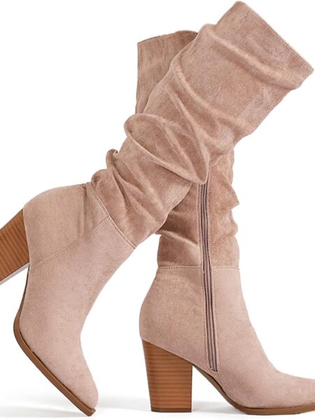 Women's Pointed Toe Knee High Boots Faux Suede Slouch Boots with Chunky Heel