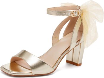 Women's bow high-heeled sandals, chunky heel single strap satin ankle strap buckle dress/wedding shoes