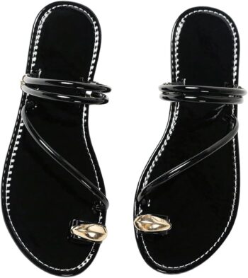 Women's Metallic Open Toe Ring Sandals Summer Strappy Flat Sandals