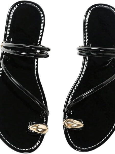 Women's Metallic Open Toe Ring Sandals Summer Strappy Flat Sandals