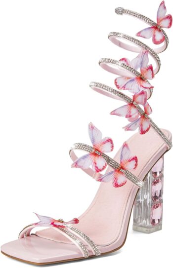 Women's lace-up square-toe open-toe chunky heel sandals, rhinestone-strap lace-up high heel sandals, sparkly dress party wedding shoes