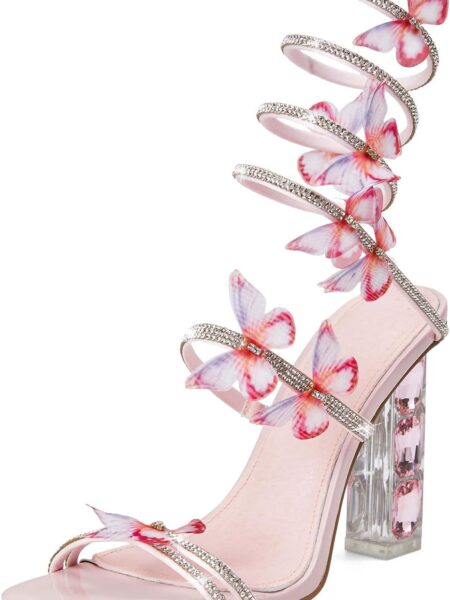 Women's lace-up square-toe open-toe chunky heel sandals, rhinestone-strap lace-up high heel sandals, sparkly dress party wedding shoes