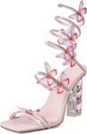 Women's lace-up square-toe open-toe chunky heel sandals, rhinestone-strap lace-up high heel sandals, sparkly dress party wedding shoes