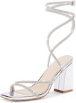 Women's Lace-Up Chunky Heel Rhinestone Sandals, Square Toe Open-Toe High Heels, Chunky Heels for Weddings