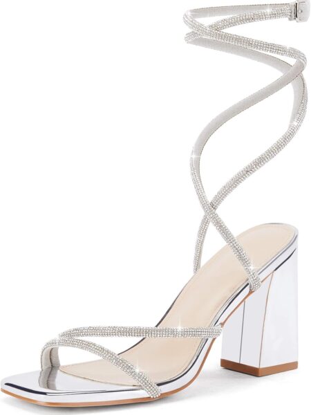 Women's Lace-Up Chunky Heel Rhinestone Sandals, Square Toe Open-Toe High Heels, Chunky Heels for Weddings