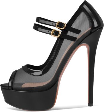Women's mesh ankle-strap stiletto sandals, open-toe