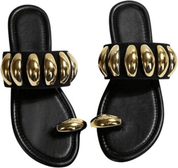 Women's Gold Metallic Flat Sandals Dressy Open Toe Flip Flops Slides Shoes