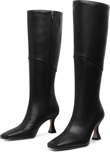 Knee High Boots Women Square Toe Kitten High Heel Tall Boots Fashion Side Zipper Stiletto Heel Long Boots