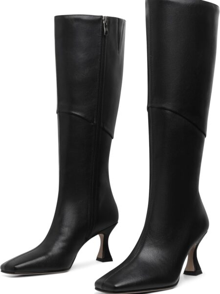 Knee High Boots Women Square Toe Kitten High Heel Tall Boots Fashion Side Zipper Stiletto Heel Long Boots