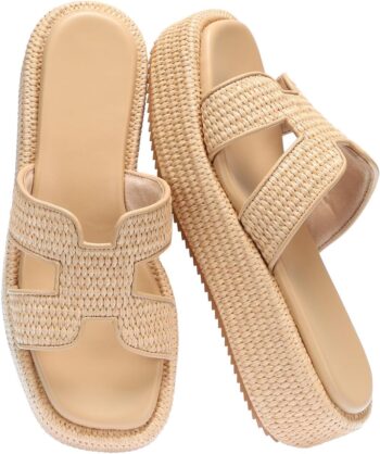 Raffia Platform Sandals for Women Slip-On Espadrille Wedges Slides, Flatform Woven Straw Summer Vacation Beach Shoes