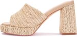 Women's raffia high-heeled sandals, platform wedge heel, slip-on chunky heel, elegant summer open-toe chunky heel resort beach mules