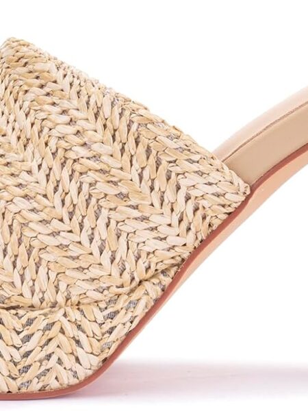 Women's raffia high-heeled sandals, platform wedge heel, slip-on chunky heel, elegant summer open-toe chunky heel resort beach mules