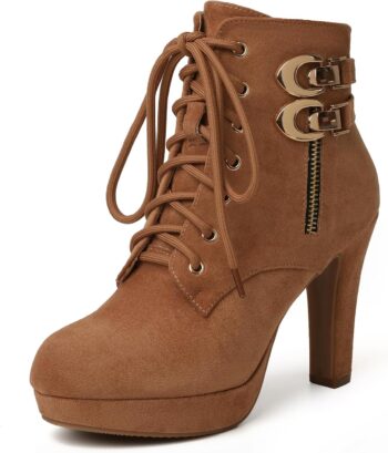 High Heel Boots for Women,Womens Platform Boot Heels Sexy Round Toe Lace UP High Heels Mid Calf Boots