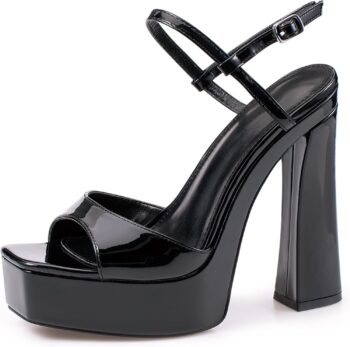 Black platform chunky heel sandals, open-toe round toe 4-inch high heel sandals with ankle buckle