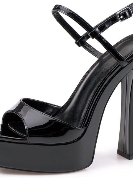 Black platform chunky heel sandals, open-toe round toe 4-inch high heel sandals with ankle buckle