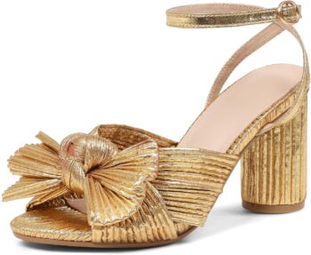 Women's Bow High Heel Sandals, Open-Toe High Heels, Chunky Heels, Ankle Strap Buckle, Ruffled Wedding/Party Dress Shoes